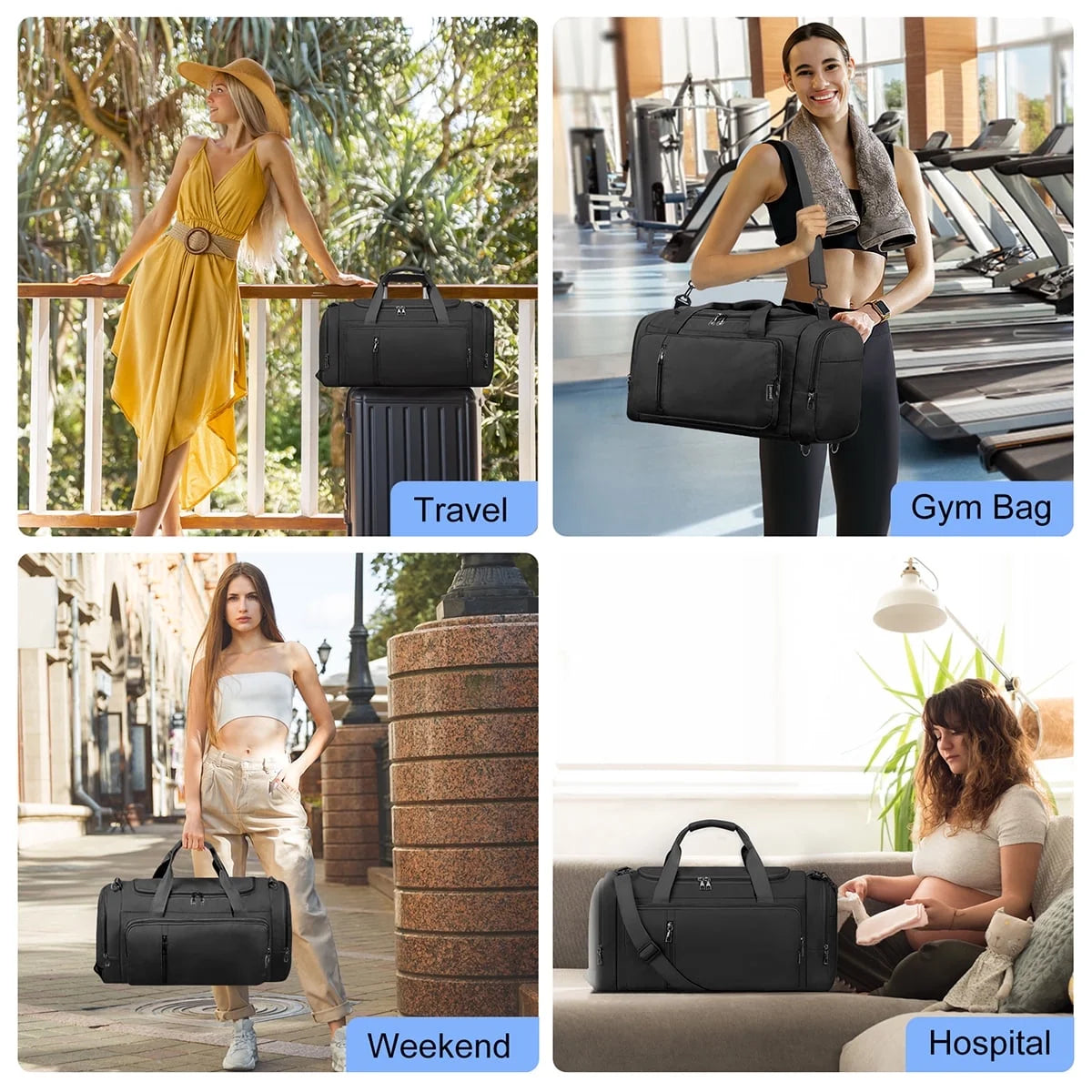 3-IN-1 Duffle Bag for Women and Men, 40L Lightweight Gym Bag for Travel with Shoe Compartment & Wet Pocket, Convertible Travel Bag and Gym Backpack Waterproof Weekender Overnight Bag for Women, Black