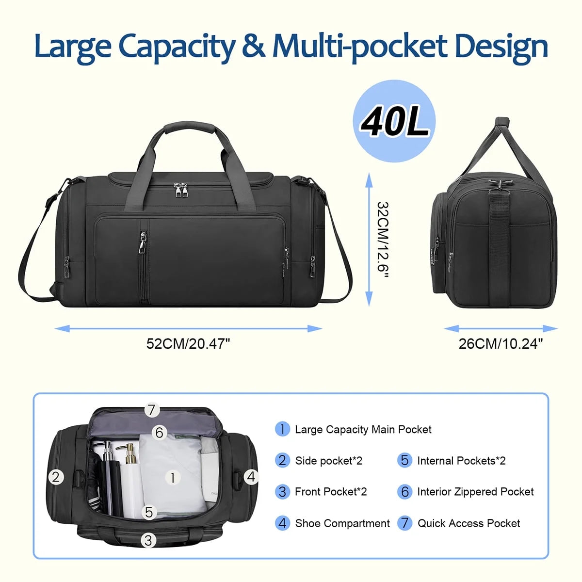 3-IN-1 Duffle Bag for Women and Men, 40L Lightweight Gym Bag for Travel with Shoe Compartment & Wet Pocket, Convertible Travel Bag and Gym Backpack Waterproof Weekender Overnight Bag for Women, Black