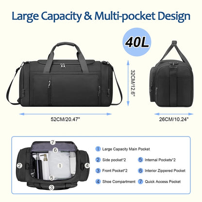 3-IN-1 Duffle Bag for Women and Men, 40L Lightweight Gym Bag for Travel with Shoe Compartment & Wet Pocket, Convertible Travel Bag and Gym Backpack Waterproof Weekender Overnight Bag for Women, Black