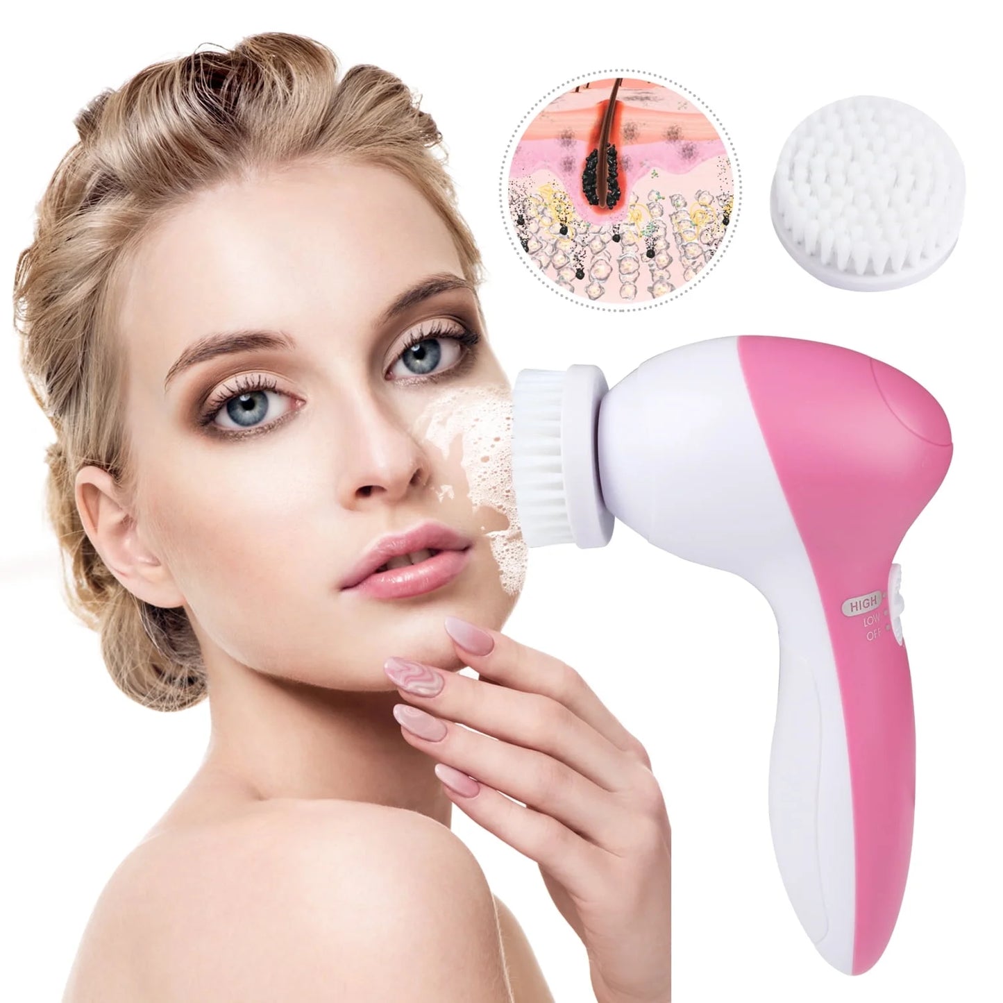 5-In-1 Electric Facial Cleansing Brush Set Waterproof Face Spin Cleaning Brush with 5 Brush Heads Deep Cleansing Body Facial Brush Set for Gentle Exfoliating Removing Blackhead and Massaging