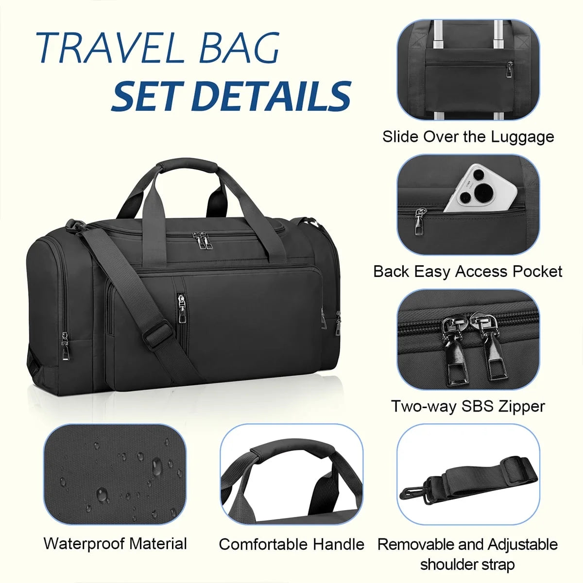 3-IN-1 Duffle Bag for Women and Men, 40L Lightweight Gym Bag for Travel with Shoe Compartment & Wet Pocket, Convertible Travel Bag and Gym Backpack Waterproof Weekender Overnight Bag for Women, Black