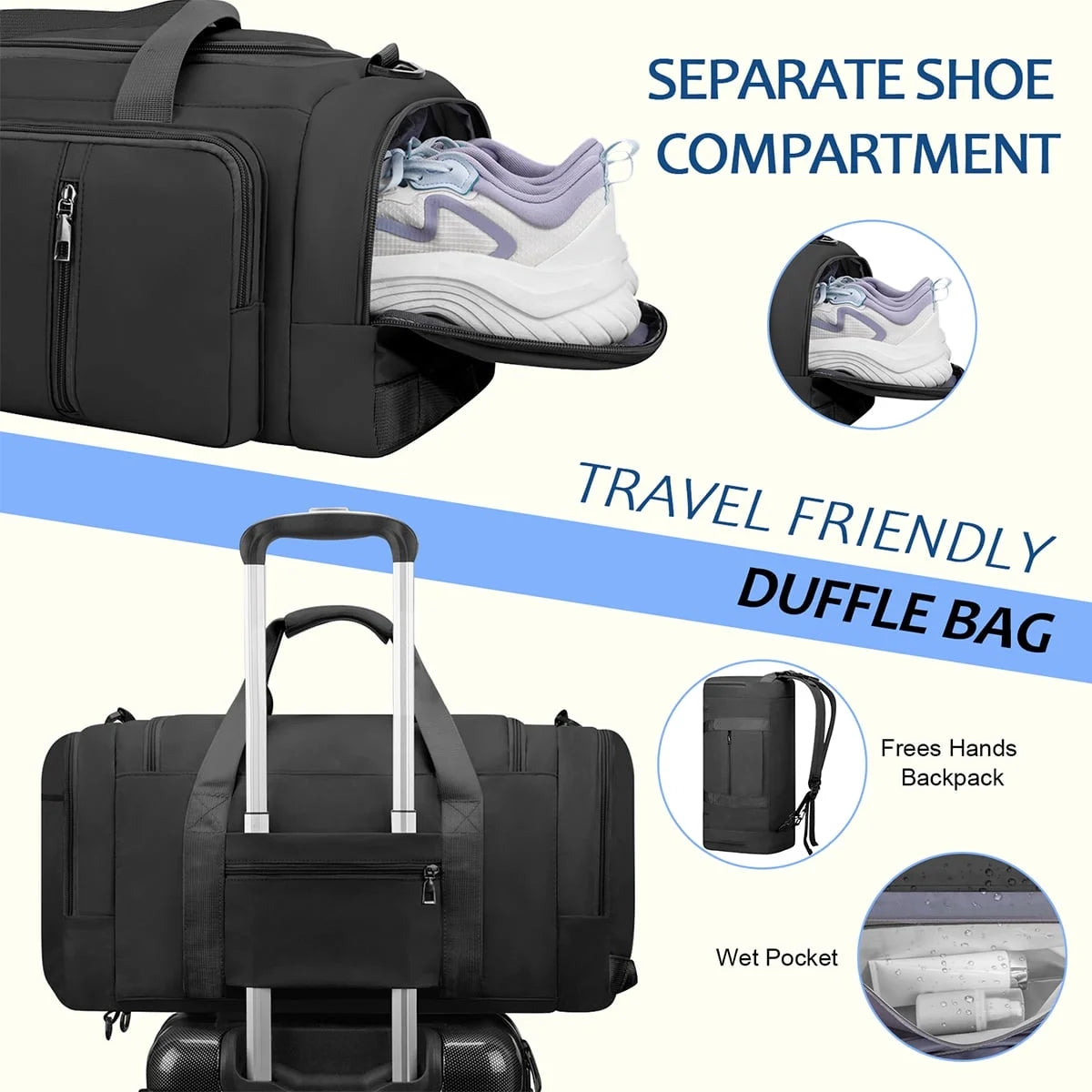 3-IN-1 Duffle Bag for Women and Men, 40L Lightweight Gym Bag for Travel with Shoe Compartment & Wet Pocket, Convertible Travel Bag and Gym Backpack Waterproof Weekender Overnight Bag for Women, Black