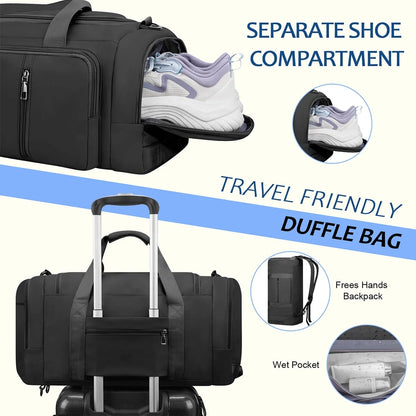 3-IN-1 Duffle Bag for Women and Men, 40L Lightweight Gym Bag for Travel with Shoe Compartment & Wet Pocket, Convertible Travel Bag and Gym Backpack Waterproof Weekender Overnight Bag for Women, Black